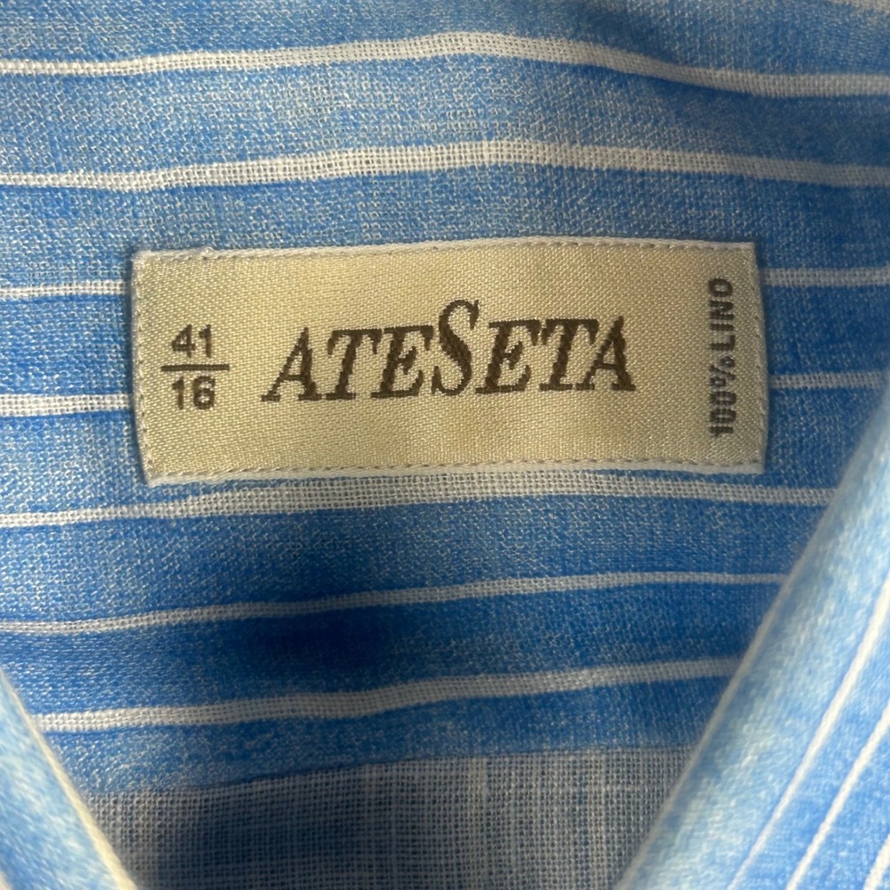 Ateseta Mens 100% Linen Striped Button Down Shirt Blue White Size 16 41 Italy - Picture 4 of 6